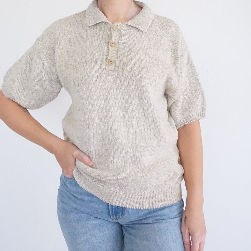 Vintage Crossings Knit Polo Sweater Beige Neutral Old Money Minimalist L